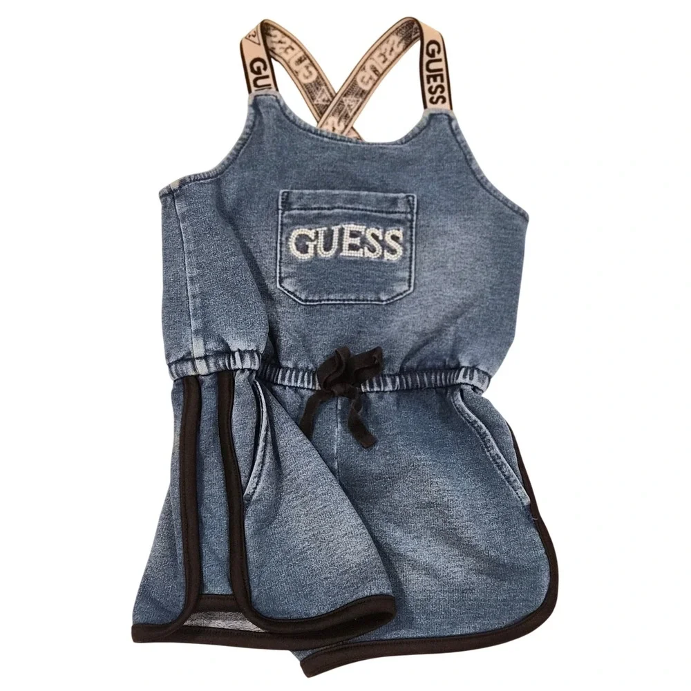 Guess Girls Denim Blue Romper Logo Straps Beaded Pocket Size 3